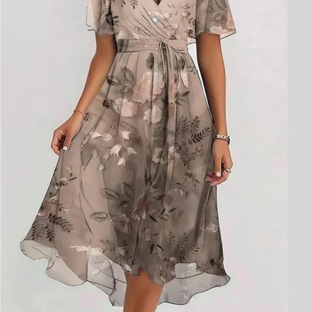 Floral Taupe Wrap Midi Dress with Tie Waist